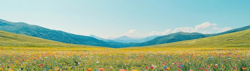 A vibrant landscape featuring rolling hills, colorful wildflowers, and clear blue skies, showcasing the beauty of nature in a serene environment.