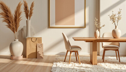 Elegant neutral-toned furniture display in upscale showroom, luxury concept