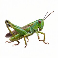 Detailed Close-Up of Green Grasshopper Isolated on White Background.