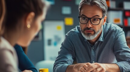 A school administrator mentoring staff during a performance evaluation session, action shot, in a professional setting, employing dynamic angles