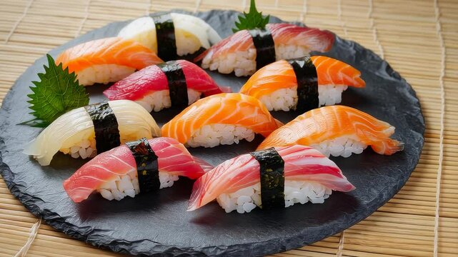 Fresh Sushi on Wooden Table