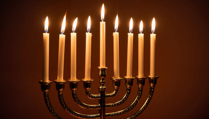 Illuminated Hanukkah menorah with lit candles in dark setting, celebration