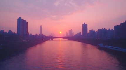 Fototapeta premium Urban Sunset River Reflection