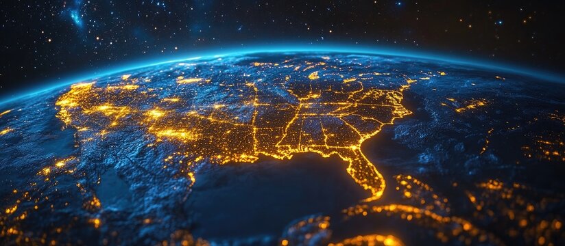 High-angle view of earth with north america highlighted by city lights at night, visible from space, showing detailed city lights patterns