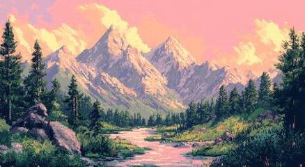 Pixel art mountain landscape at sunset. Scenic river valley. Possible use Background for game, app, or website