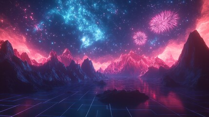 Neon pink and blue fireworks over a futuristic mountain range reflecting on a gridded lake at night.