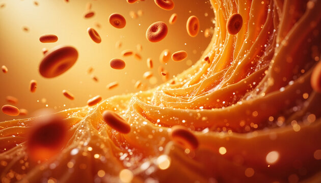 Swirling golden platelets in dynamic plasma vortex, surreal medical concept