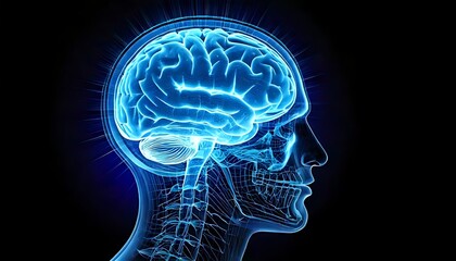 A glowing blue illustration of a human brain in profile, showcasing neural connections against a dark background.