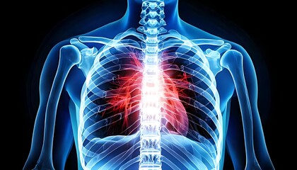 A detailed X-ray image illustrating the human respiratory system, showcasing the lungs and heart in a vibrant, glowing blue and red.