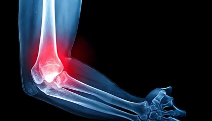 An X-ray image showing an elbow joint with highlighted inflammation, indicating potential injury or medical condition.