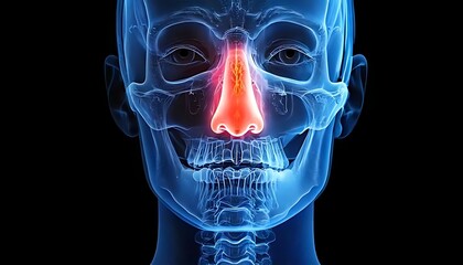 A detailed anatomical illustration highlighting the human skull and nasal structure in vibrant colors against a dark background.