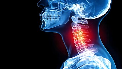 A detailed X-ray illustration of a human neck, highlighting cervical vertebrae with a red glow indicating potential pain or injury.