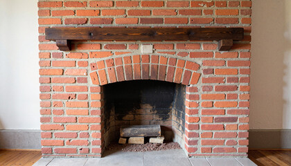 Rustic vintage brick fireplace with wooden mantel, cozy ambiance