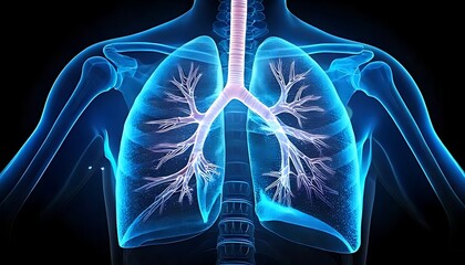 The image shows a glowing, blue representation of human lungs, highlighting the trachea and bronchial tree in a sleek, anatomical style.
