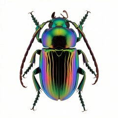 Close-up of a Highly Iridescent Beetle Isolated on White Background.