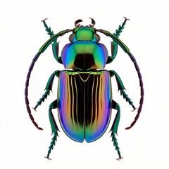Close-up of a Highly Iridescent Beetle Isolated on White Background.