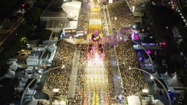 aerial view of the sambadrome at the 2025 carnival parade of the gavioes da faithful samba school