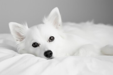 Fototapeta premium A white dog is laying on a bed. The dog has a black nose and is looking at the camera