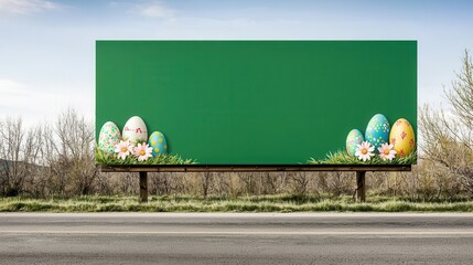 Springtime Easter Billboard Green Sign with Decorated Eggs and Flowers