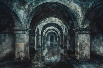 Naklejka premium Mysterious Dark Gothic Archway Corridor Ancient Stone Architecture Medieval Crypt Wet Floor