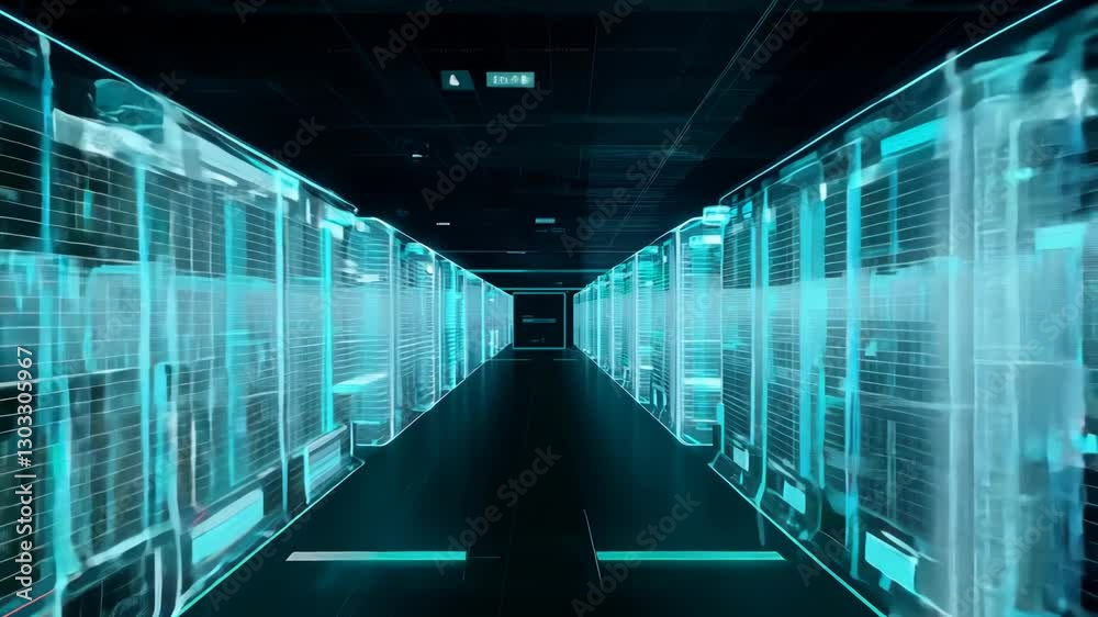 Poster virtual data center corridor with cloud servers providing compute power