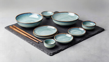 Blue ceramic tableware set with chopsticks on slate tray. Concept of fine dining, Asian cuisine, and dishwear design. Perfect for restaurant branding and tableware advertising