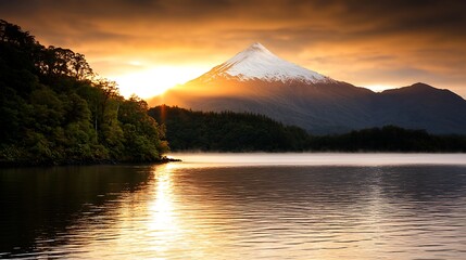 Fototapeta premium Majestic Mountain Peak Surrounded by Calm Water and Lush Green Forest at Sunset Glow