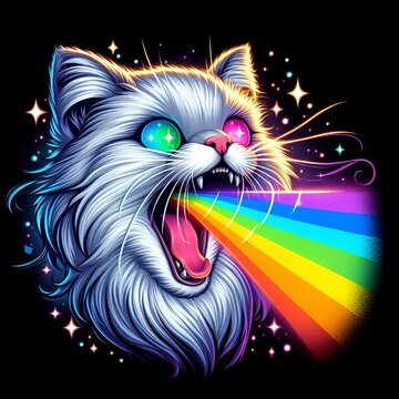  Crazy Cross Eyed Surprised Cat Whiskers Yawning with its' Mouth Open Spits Glowing Rainbow Wavy Lights Ribbon Tongue Sticking Shooting Coming Out. LGBTQIA Concept. Gay & Lesbian LGBT Pride Day Symbol