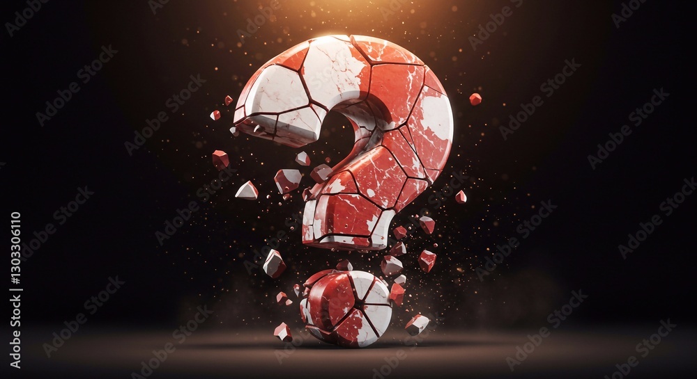 Sticker digital 3d question mark made of crumbling red and white stone on a black background with backlighti