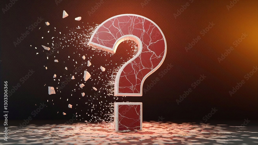 Wall mural digital 3d question mark made of crumbling red and white stone on a black background with backlighti