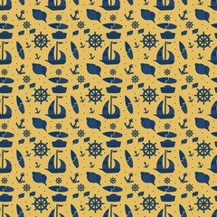 Seamless cute yellow summer pattern with seashells, steering wheel, surf, anchors and sailing ships, dpi 5000x5000