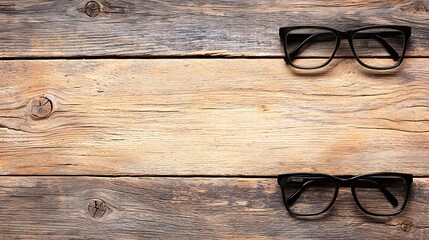 Stylish Black Glasses on Rustic Wooden Surface with Space for Text or Branding
