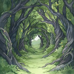 Fototapeta premium Tranquil watercolor pathway enchanted forest artistic landscape lush greenery serene view nature's beauty
