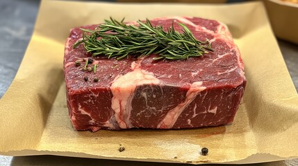 Fototapeta premium Raw beef steak with rosemary and peppercorns.