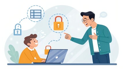 A cartoon-style illustration of a cybersecurity expert explaining data protection to a client, featuring padlock icons, secure connections, and a laptop in a digital workspace.