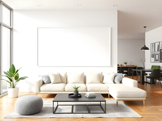 modern living room interior, minimalistic design with sofa and table