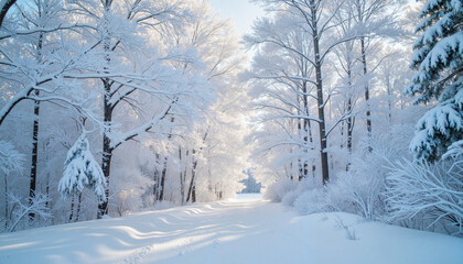 Obraz premium Icy forest pathway under snow-covered trees, serene winter landscape