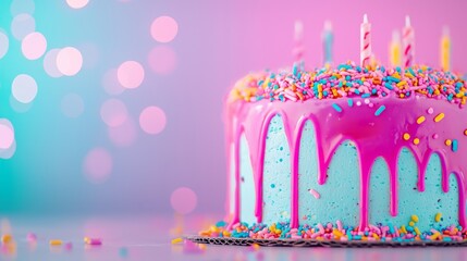 Obraz premium A vibrant birthday cake with colorful frosting and sprinkles, adorned with candles, set against a soft, blurred pastel background.