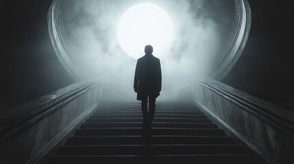 silhouette of a man walking up the stairs