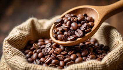Fototapeta premium Scooping roasted coffee beans from burlap sack in rustic kitchen, warmth