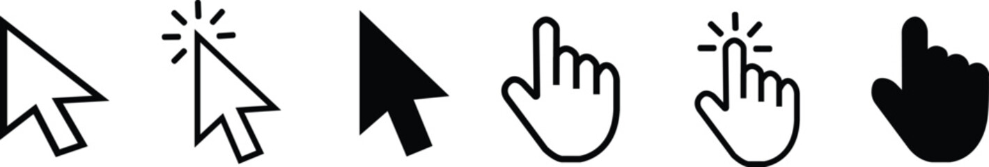 Computer Mouse Cursor and Hand Click Icons Set &ndash; Black and Outline Vector Illustration