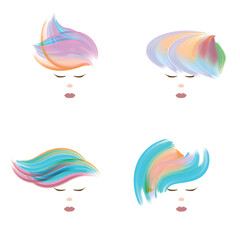 vector set of flat faces with extravagant, surreal colorful hair isolated on white background