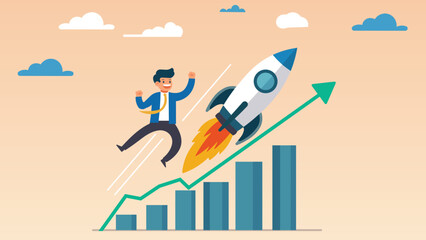 A dynamic business growth illustration featuring a businessman and a rocket symbolizing rapid success, financial growth, and startup acceleration. Perfect for presentations, websites, and marketing.