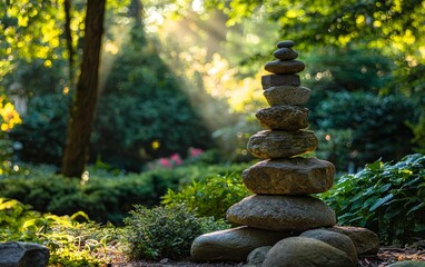 Obraz premium Balanced stone tower in a tranquil garden with sunlight filtering through trees