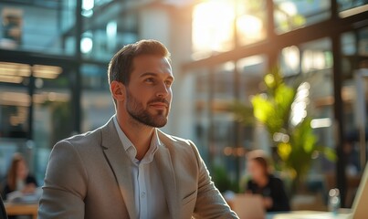 Obraz premium Thoughtful Man in Modern Office Setting with Natural Light