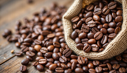 Fototapeta premium Glossy roasted coffee beans spilling from burlap sack, rustic textures