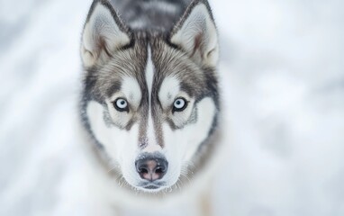 Obraz premium Siberian husky with striking blue eyes gazing directly at the camera in a snowy environment