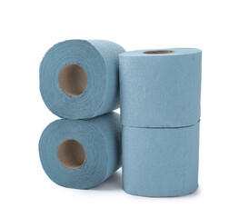Stacked light blue toilet paper rolls isolated on white