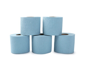 Stacked light blue toilet paper rolls isolated on white