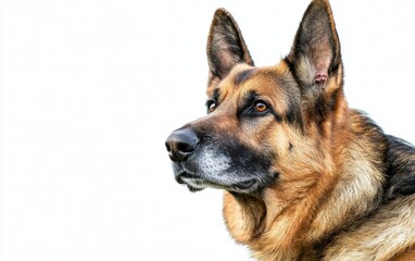 German Shepherd dog on a white background, showcasing its strong features and alert expression in a close-up portrait